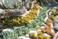 08 rows of colored succulents and agaves paired with rows of rocks and pebbles are a cool idea for any desert garden