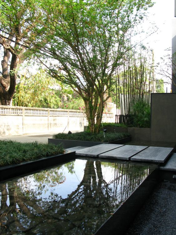 a modern pond with a stone path over it, with greenery around and some trees compose a relaxed and cool space