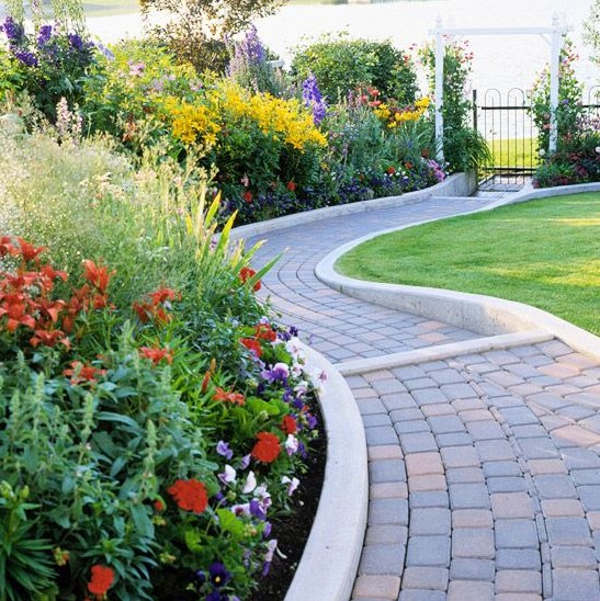 brick pathways and minimalist concrete edging are a nice backdrop for super bright flowers