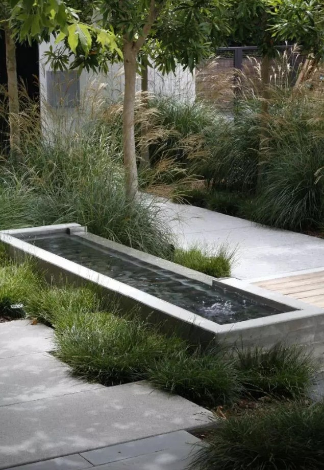 a modern garden with trees, grasses and stone pavements, with a a trough fountain made of poured concrete
