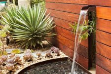 32 a modern outdoor fountain coming of a stained wooden wall into a bowl with pebbles, with succulents and large agaves