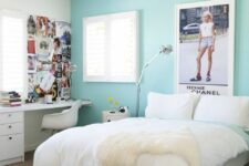 a bright modern teen bedroom with a bed and neutral bedding, a memo board and a large photo, a desk and a chair