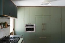 a catchy olive green kichen with sleek cabinets, brass handles and stained lower cabinets, black countertops