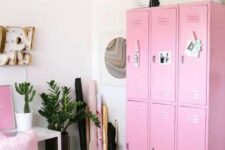 a glam home office with a pink industrial storage unit