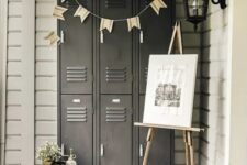 a porch with graphite grey lockers, a ladder, an artwork, greenery, buntings and rubber boots – store outdoor stuff in these lockers