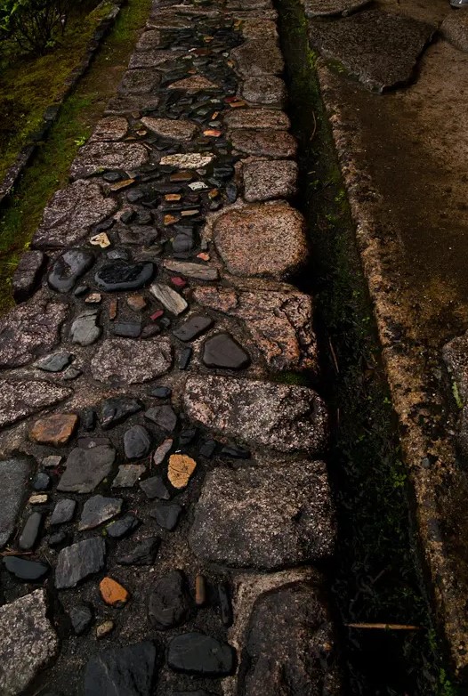 a rough and relaxed stone garden path of large and smaller and darker stones in the center of the path