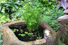 a rough stone bowl with greenery and a gold ball is a nice and catchy idea of a mini pond for outdoors