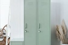 a set of light green skinny lockers is a lovely idea for a Scandinavian space, it’s a delicate touch of color