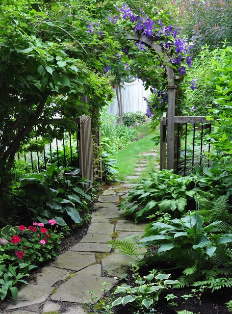 a small secret garden with a stone garden path, greenery and bold blooms is a lovely space that feels fairy-tale-like
