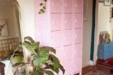a stack of pink lockers is a lovely storage idea for many spaces, it doesn’t look bulky and gives a lot of storage space