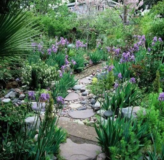 a lovely garden path made of stones and pebbles
