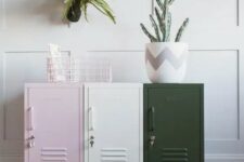 an arrangement of pink, creamy and dark green lockers is a stylish storage idea for any space, and the colors will add eye-catchiness