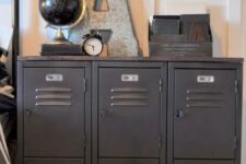 black lockers as an alternative to a usual dresser or nightstand are a cool idea for an industrial kid’s room