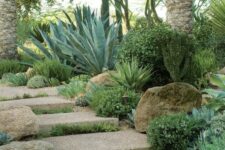 stone steps, large rocks, small lights and large agaves and cacti are amazing for creating a desert landscape