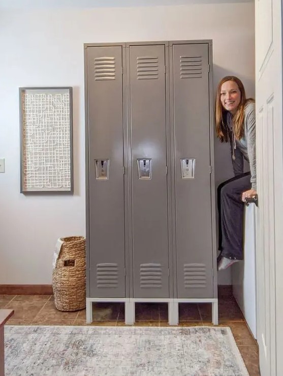 stylish grey lockers are a nice match for many interiors, not only industrial or mid-century modern ones