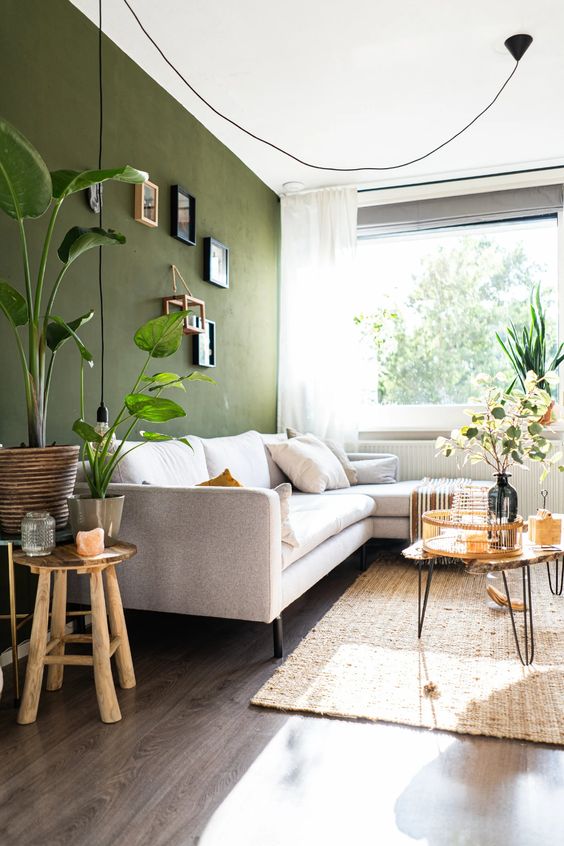 a stylish living room with an olive green accent wall, a neutral sofa, some coffee tables, a gallery wall and some plants