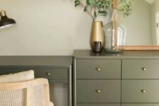 43 a pretty olive green dresser and a matching desk with gold knobs beautifully blend with a farmhouse space and add a delicate touch of color