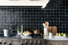 19 a shiny black tile backsplash with white grout is a statement idea for any kitchen with a retro feel