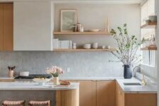 22 an airy contemporary kitchen with stained cabinets and a kitchen island, open shelves, a grey zellige tile backsplash