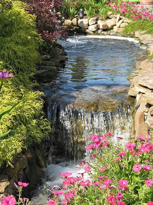 a large garden with a pond that becomes a waterfall and flows into the next pond, with rocks, blooms and greenery around