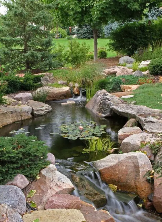 a large pond clad with rocks and greenery around and in the pond, with a waterfall clad with rocks is a lovely idea