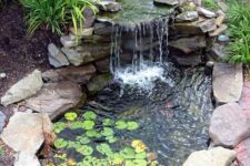50 a small and cool pond and waterfall both clad with rocks, with water plants are amazing for a garden