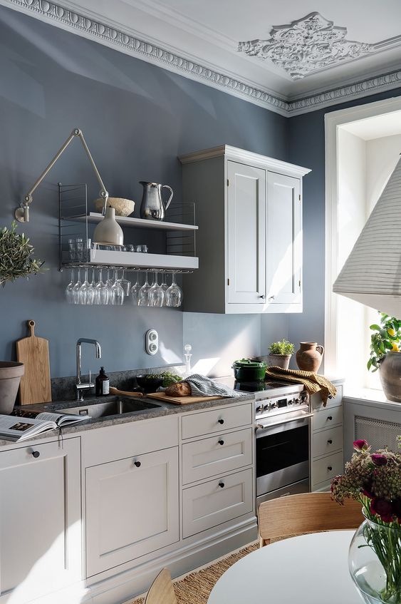 a lovely Scandinavian kitchen with navy walls, dove grey cabinets, grey stone countertops and potted plants and blooms
