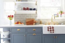 a cozy farmhouse kitchen design with blue cabinets