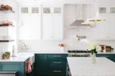 emerald and white cabinets, subway tiles for the backsplash and some metallic touches here and there