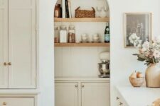 48 a white modern farmhouse kitchen with an arched niche that houses a pantry with shelves, a cabinet is a lovely idea that saves space
