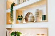 54 cool niche shelves with stained wooden framing and lights will display your stuff at their best