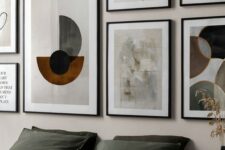 a beautiful gallery wall with thin black frames and white matting plus bold or muted color artworks or prints is wow