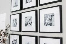 a classic grid gallery wall with black frames, white matting, black and white family pics is good for many interiors