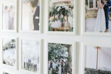a cool grid gallery wall with white frames and no matting plus colored family pics is pure beauty