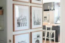 a grid gallery wall with stained frames and black and white photos is a stylish way to spruce up your space