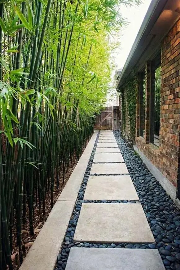 a long and narrow side yard with pebbles and pavements plus bamboo that lines up the path is a cool and chic space