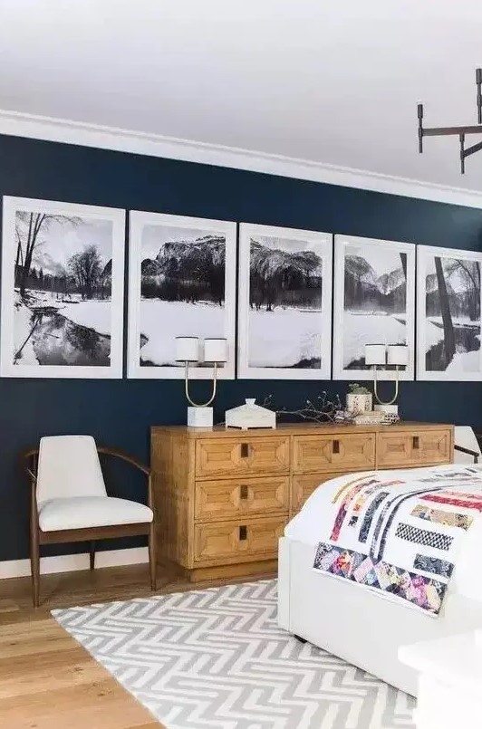 a lovely modern gallery wall with matching white frames and black and white photos of the same place but as a panorama