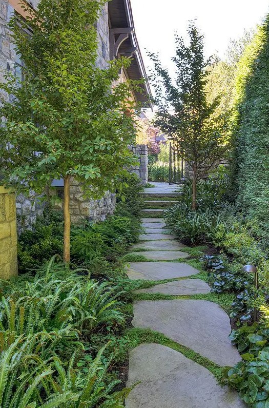 a lush and beautiful side yard with an irregular stone path, greenery and grasses and some trees plus lights along the path