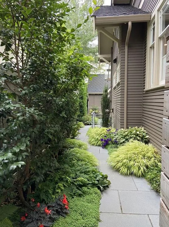 a modern and edgy side yard with a stone path, greenery and grasses and some trees is amazing