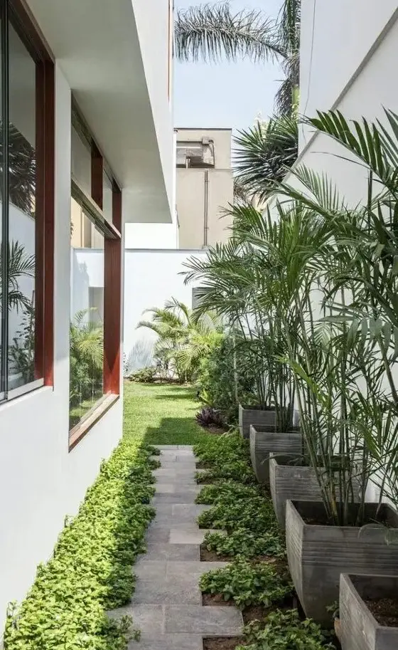 a modern side yard with a stone path, greenery and potted plants is a cool and chic space you may pull off