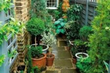 a small side yard with gravel and pavements and lots of potted plants around is amazing