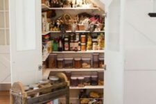 a staircase pantry built in, with many shelves and additional lights will save you a lot of space
