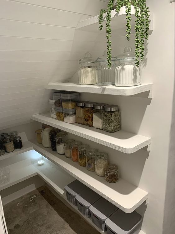a tiny stairs pantry with open shelves with lights, a potted plant, plastic containers and glass jars with food