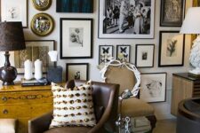 a vintage space with a sideboard, a brown leather chair and a vintage fabric one, an eclectic free form gallery wall
