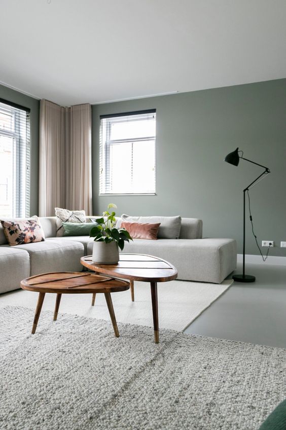 a welcoming living room with olive green walls, a grey low sectional, a couple of coffee tables, a black floor lamp and some pillows