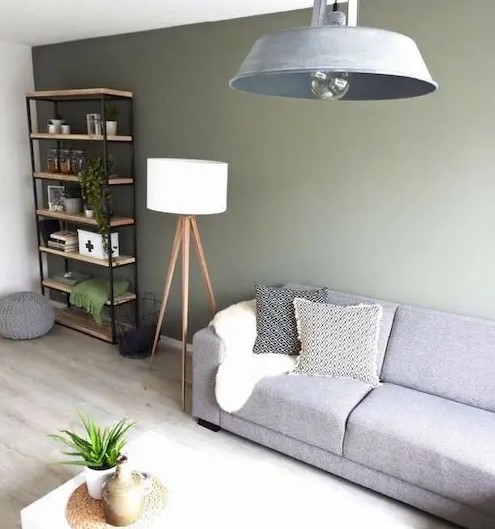 an airy Scandinavian living room with a green accent wall, a storage unit, a floor lamp, a grey sofa with pillows, a metal pendant lamp