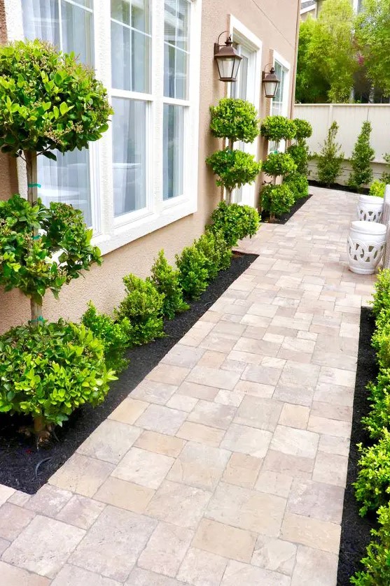 an elegant and chic side yard with a stylish brick path, elegant and manicured greenery and trees is a lovely space