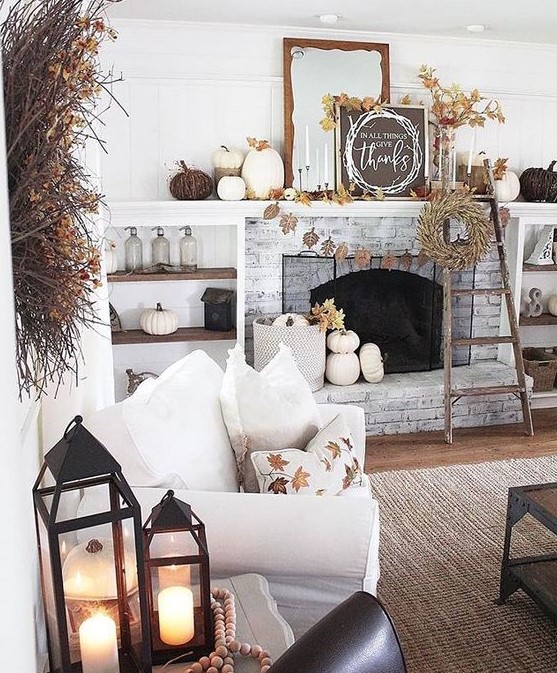 a living room heavily decorated for fall