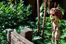 22 simple tropical Halloween decor with a sign, pirate skulls with hats on sticks can be rocked for outdoors