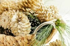25 a wicker bowl with usual and bleached pinecones looks pretty – just add some evergreens